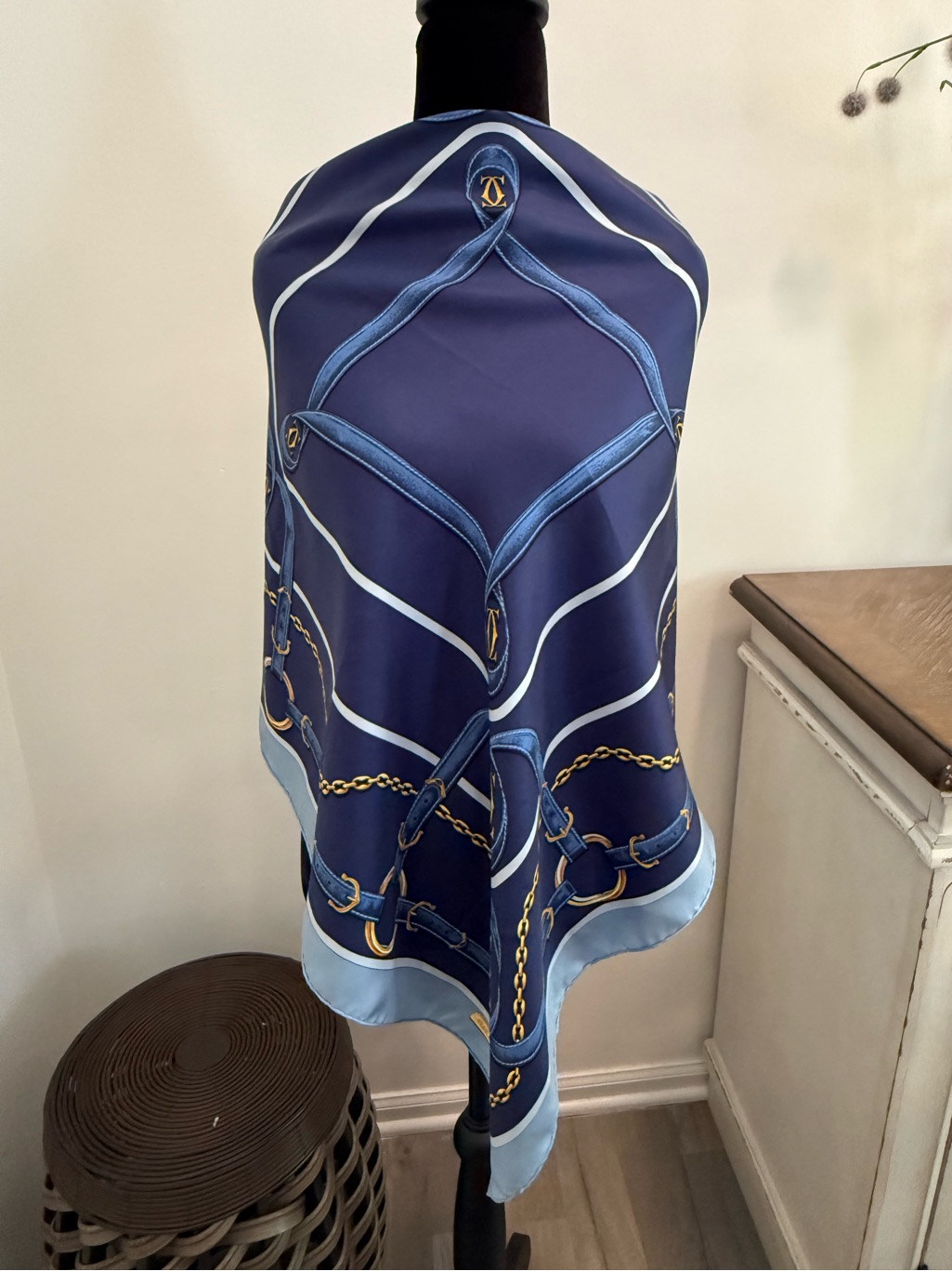 Cartier Silk Scarf Navy Chain Belt Hand Rolled Made In France